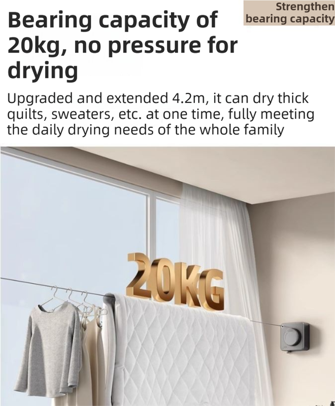 Grey 4.2M Heavy Duty Invisible Retractable Clothesline - Rustproof & Drill-Free Laundry Hanger with 20kg Load Capacity
