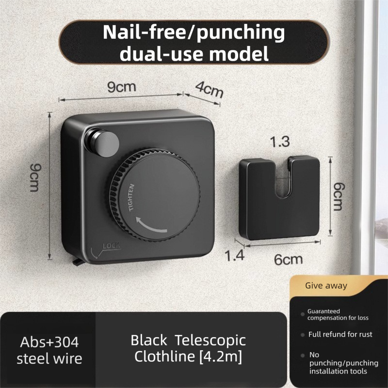 Black 4.2M Heavy Duty Invisible Retractable Clothesline - Rustproof &amp; Drill-Free Laundry Hanger with 20kg Load Capacity