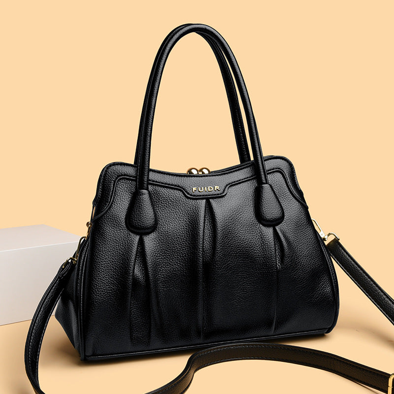 Black Women's Premium Wear-Resistant Leather Shoulder Bag - Vintage Frame Kiss-Lock Handbag &amp; Crossbody Satchel