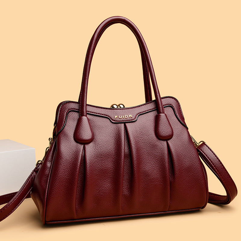 Wine Red Women's Premium Wear-Resistant Leather Shoulder Bag - Vintage Frame Kiss-Lock Handbag &amp; Crossbody Satchel