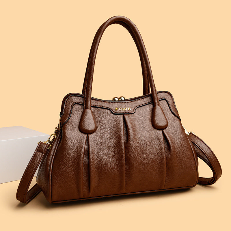 Brown Women's Premium Wear-Resistant Leather Shoulder Bag - Vintage Frame Kiss-Lock Handbag &amp; Crossbody Satchel