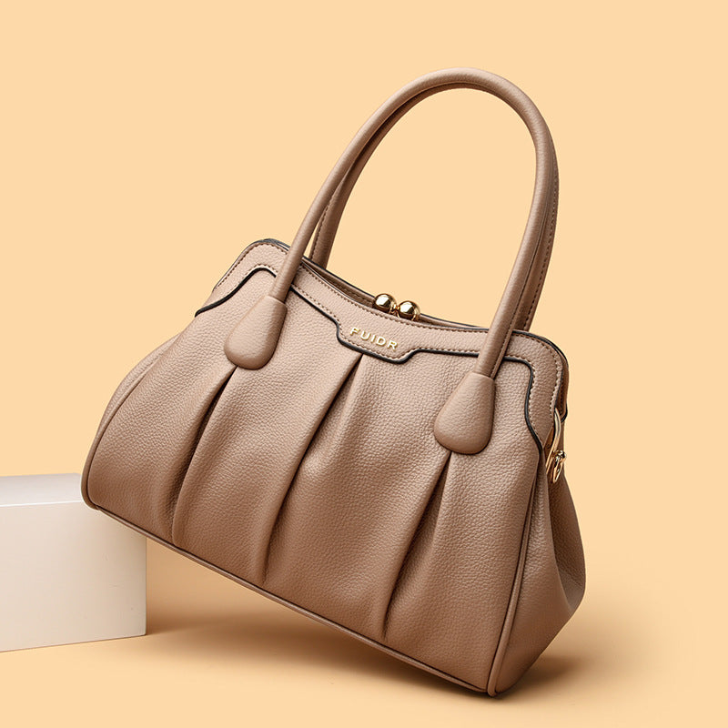 Khaki Women's Premium Wear-Resistant Leather Shoulder Bag - Vintage Frame Kiss-Lock Handbag &amp; Crossbody Satchel