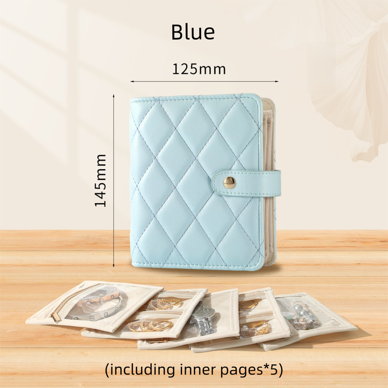 Blue Nappa Leather Anti-Oxidation Jewelry Storage Book with 5 Velvet Pouches - Compact Organizer for Watches, Earrings, Rings & Gold Ornaments