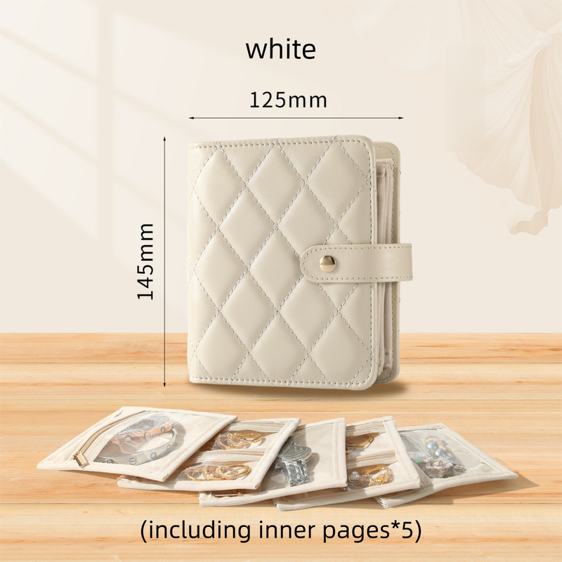 White Nappa Leather Anti-Oxidation Jewelry Storage Book with 5 Velvet Pouches - Compact Organizer for Watches, Earrings, Rings & Gold Ornaments