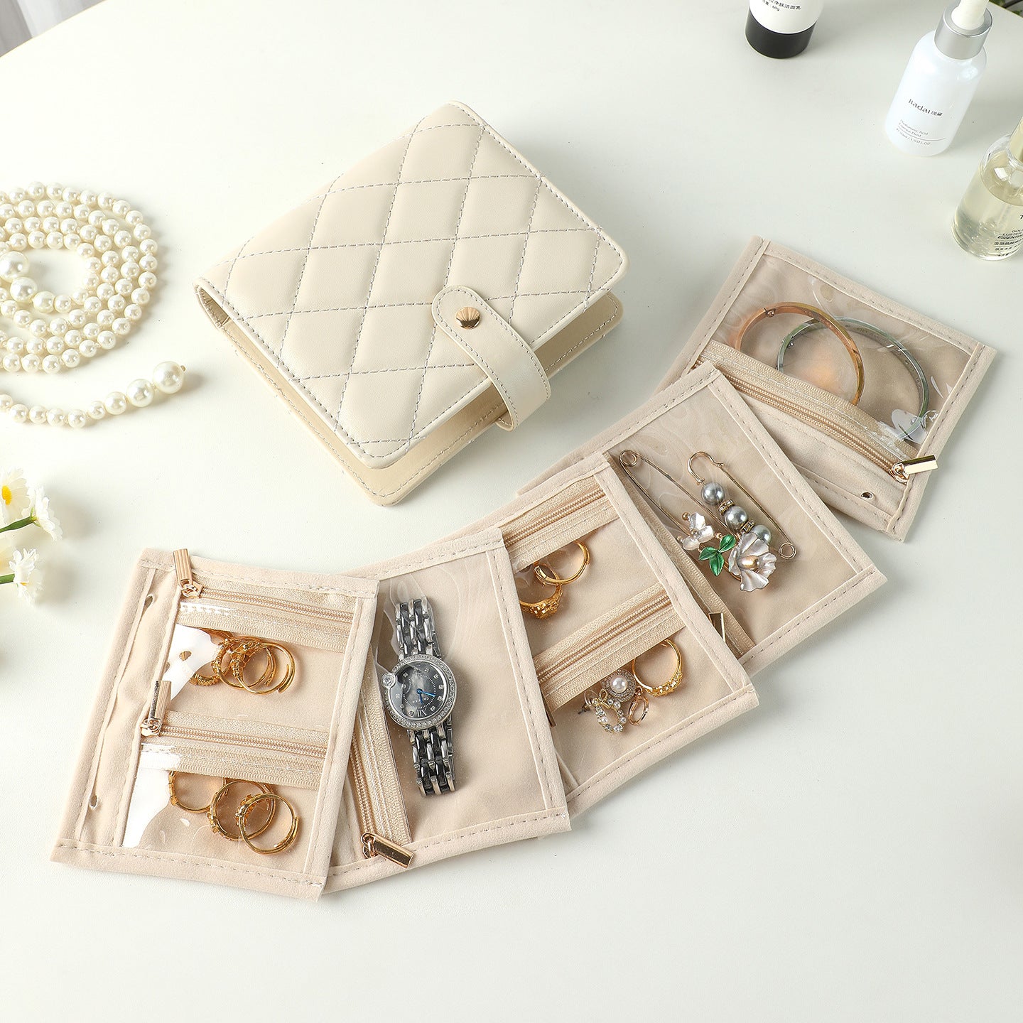 White Nappa Leather Anti-Oxidation Jewelry Storage Book with 5 Velvet Pouches - Compact Organizer for Watches, Earrings, Rings & Gold Ornaments