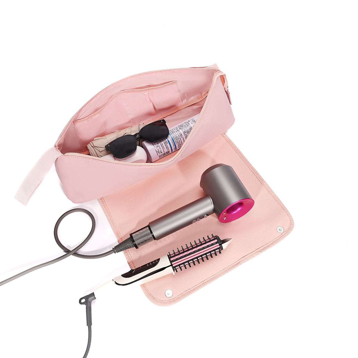 Pink Premium Insulated Roll-Up Travel Case for Hair Styling Tools &amp; Blow Dryers with Muti-Pockets (18x5.5x5 Inch)