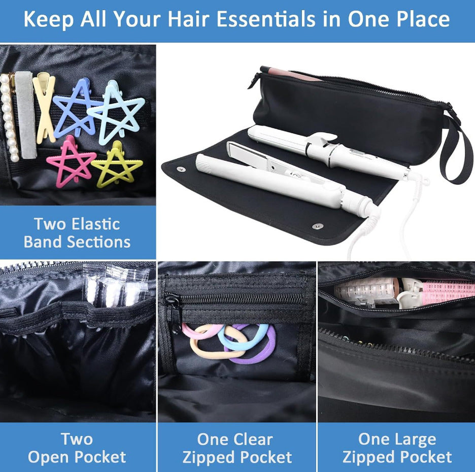 Black Premium Insulated Roll-Up Travel Case for Hair Styling Tools & Blow Dryers with Muti-Pockets (18x5.5x5 Inch)