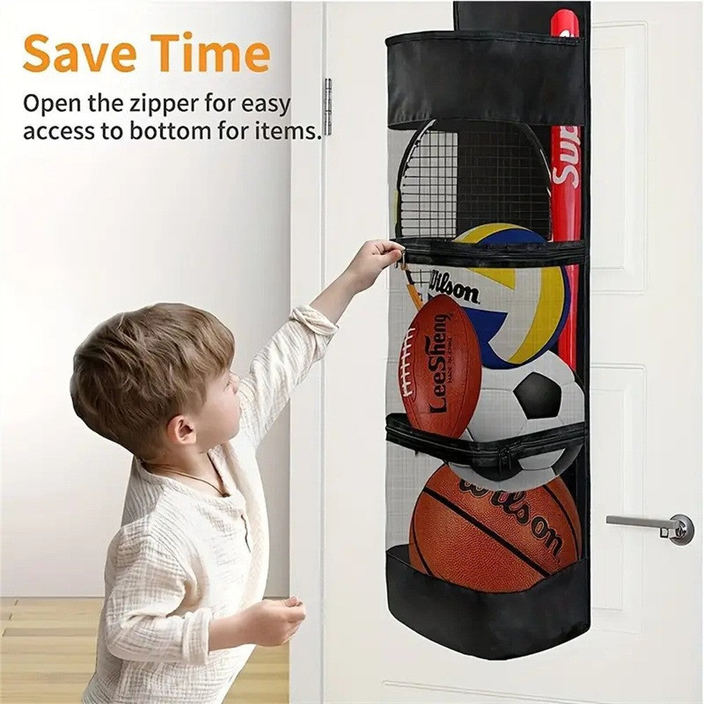 Over-the-Door Hanging Sports Gear Organizer With Zipper for Easy-Access to Bottom - Heavy-Duty Mesh Storage Bag for Balls & Kids' Toys