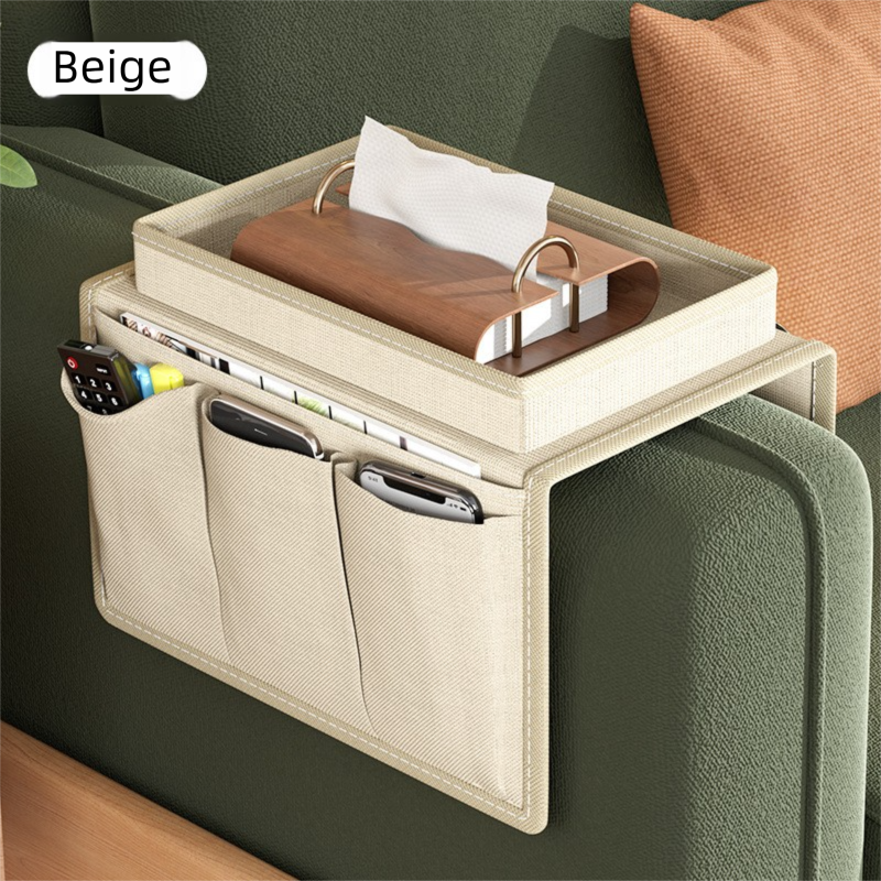 Beige Foldable  Sofa Armrest Organizer With 3-Zones - 20kg Load Capacity, Thickended Oxford Cloth Storage Bag for Dorms, Cars &amp; Living Rooms