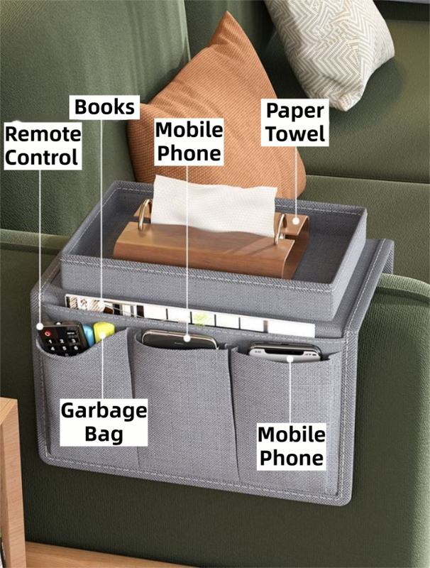 Beige Foldable  Sofa Armrest Organizer With 3-Zones - 20kg Load Capacity, Thickended Oxford Cloth Storage Bag for Dorms, Cars & Living Rooms