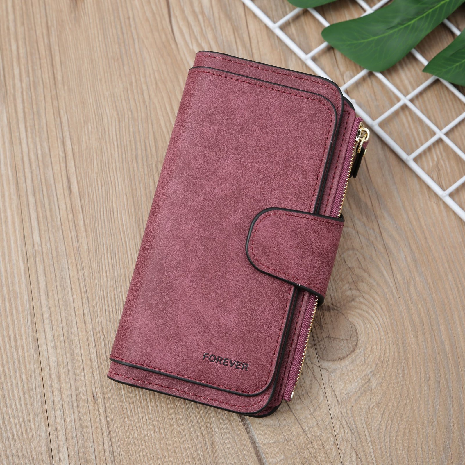 Purplish red Large Capacity Long Wallet Frosted PU Leather Clutch Bag with 14 Card Slots and Zipper Compartment fits Smartphone for Everyday Use Australia