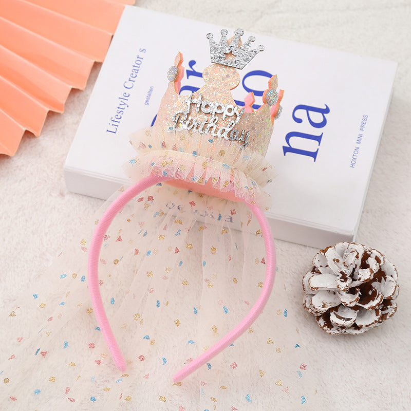 Beige with a pink hairband 2-Pack Tulle Crown Headbands with "Happy Birthday" Sparkle Design for Kids – Princess Party Hair Accessories