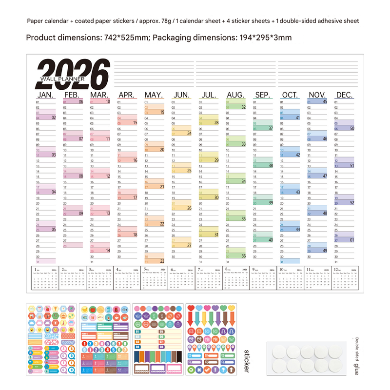 2026 Wall Planner Calendar with Stickers and Double-Sided Tape – 742 x 525 mm for Home, Office or Study in Australia