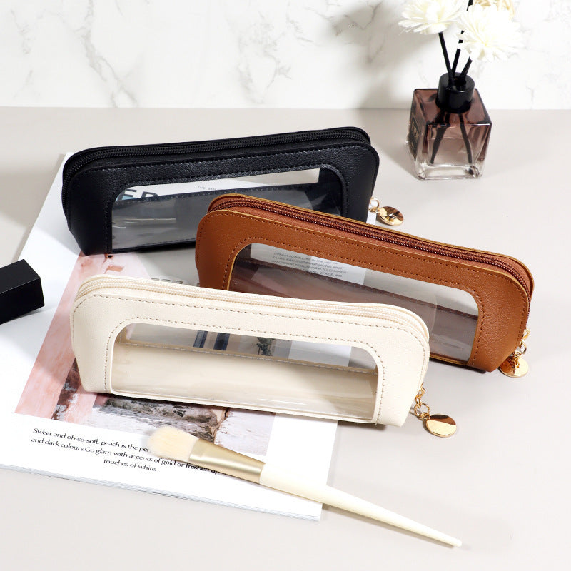 2-Pcs Brown Transparent Makeup Brush Case – Portable Zippered Cosmetic Pouch with Clear Window for Travel and Daily Use in Australia