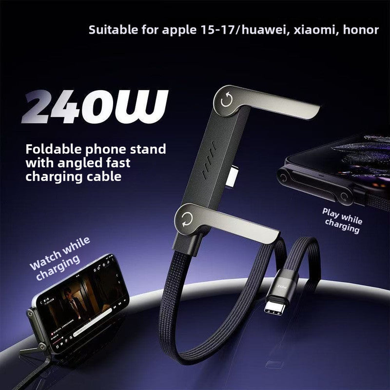 240W USB-C to USB-C Fast Charging Cable with Integrated Folding Phone Stand and 90 Degree Elbow for Mobile Gaming and Video Streaming