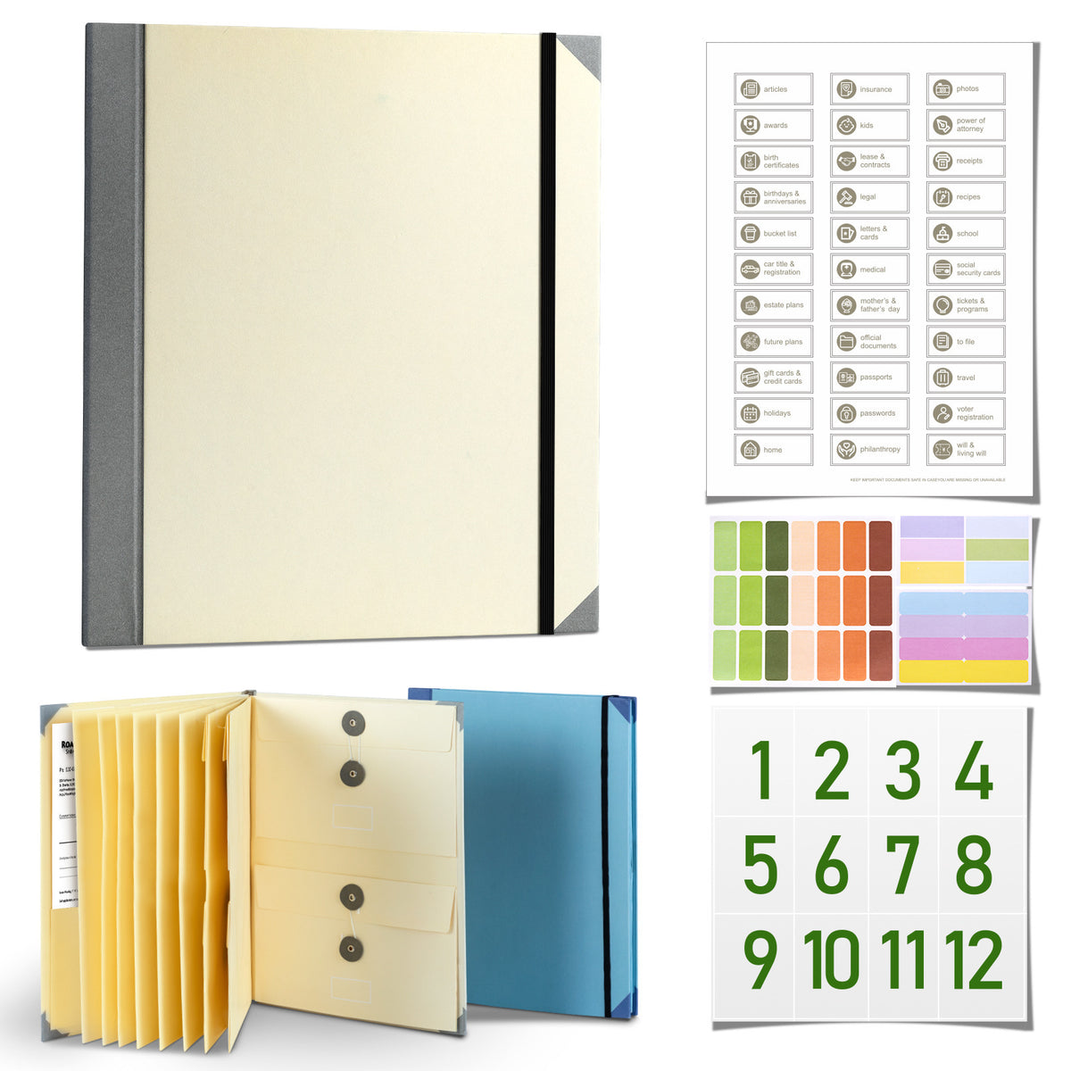 Khaki Important Document Organizer Folder with 10 Manila Envelopes and Acid-Free Paper for Home Office Estate Planning and Aussie Travel
