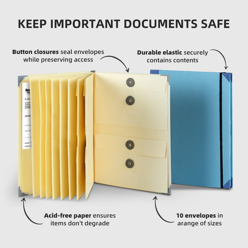 Khaki Important Document Organizer Folder with 10 Manila Envelopes and Acid-Free Paper for Home Office Estate Planning and Aussie Travel