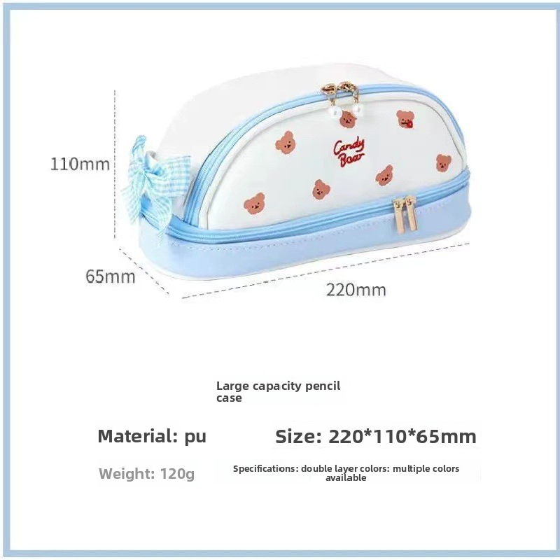 Blue Large Capacity Double Layer Pencil Case Waterproof PU Leather Stationery Organizer for Australian Students and Office Use High Capacity Makeup Bag