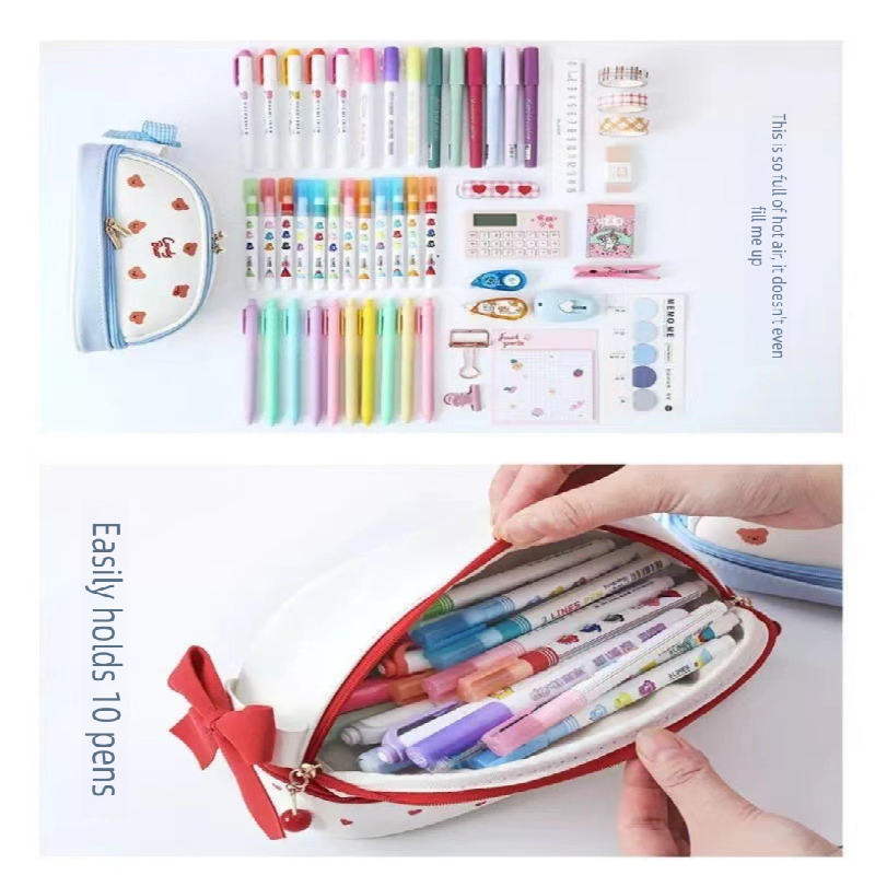 Pink Large Capacity Double Layer Pencil Case Waterproof PU Leather Stationery Organizer for Australian Students and Office Use High Capacity Makeup Bag