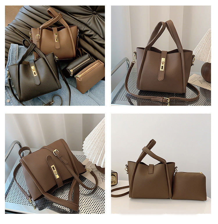 Coffee color Retro 2-Piece Women's Bucket Bag Set with Removable Inner Pouch PU Leather Crossbody Handbag and Fashionable Tote for Australian Everyday Use