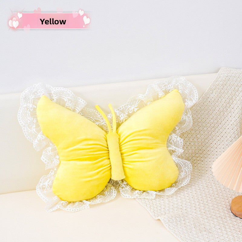Yellow Elegant Butterfly Lace Throw Pillow 60x45cm Soft Decorative Cushion for Sofa Bedroom Office and Car Comfort Backrest Accessory