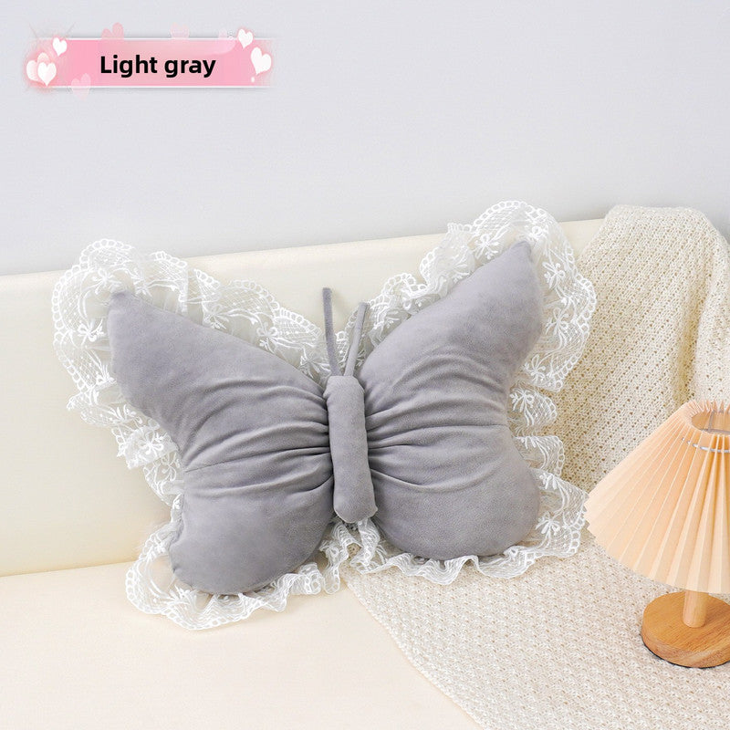 Grey Elegant Butterfly Lace Throw Pillow 60x45cm Soft Decorative Cushion for Sofa Bedroom Office and Car Comfort Backrest Accessory
