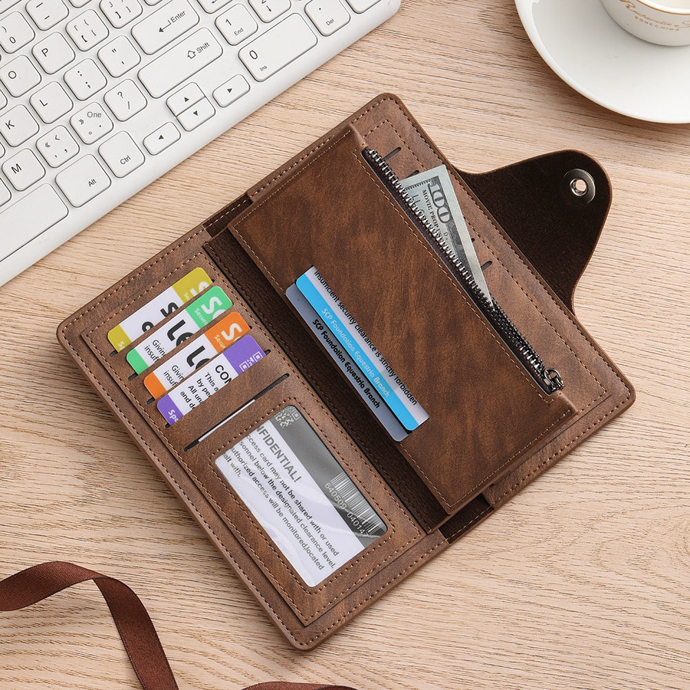 Dark coffee Vintage Men's Long Wallet Slim PU Leather Clutch with Multi Card Slots and External Zipper Pocket, Large Capacity Fashion Purse for Daily Use
