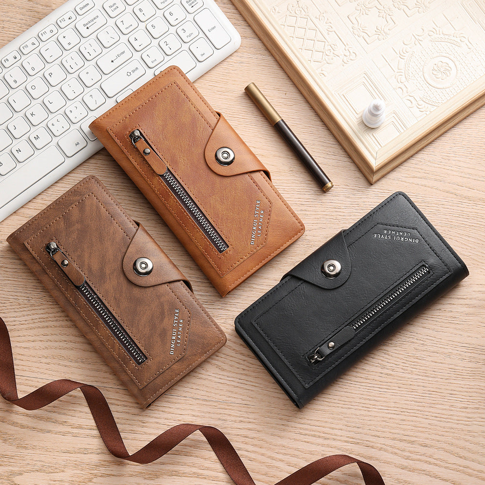 Dark coffee Vintage Men's Long Wallet Slim PU Leather Clutch with Multi Card Slots and External Zipper Pocket, Large Capacity Fashion Purse for Daily Use