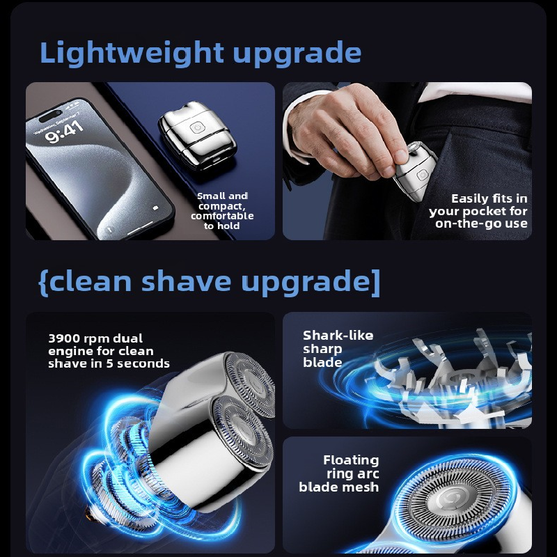 Grey Mini Electric Shaver with Dual Floating Heads Magnetic Suction and IPX5 Waterproofing for Men Travel Grooming Compact Rechargeable Razor AU Stock