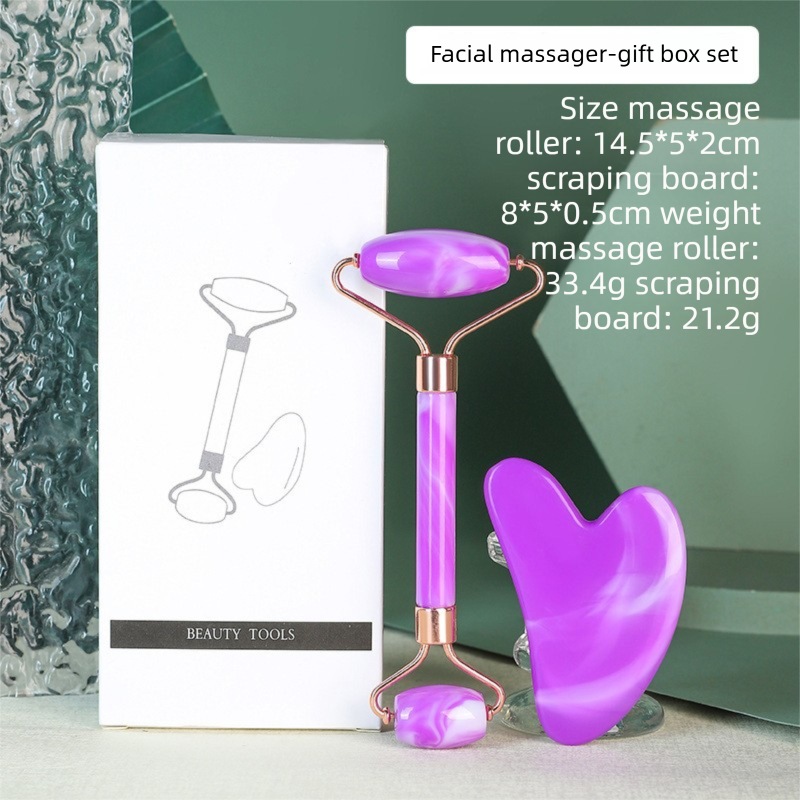 Double Purple Dual-Head Resin Facial Roller and Heart-Shaped Gua Sha Set for Home SPA Skincare and Face Neck Massage