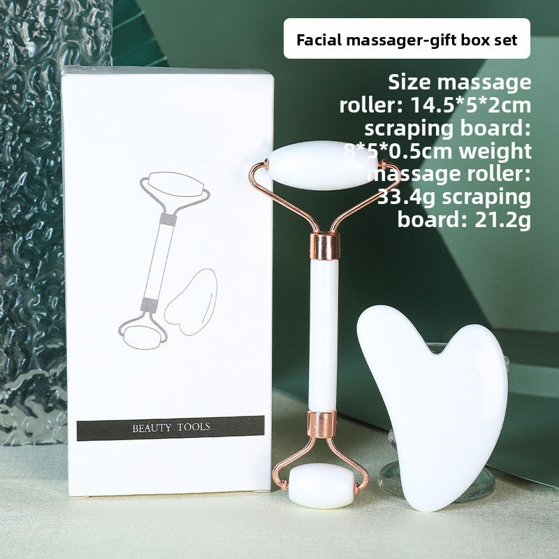 White Dual-Head Resin Facial Roller and Heart-Shaped Gua Sha Set for Home SPA Skincare and Face Neck Massage