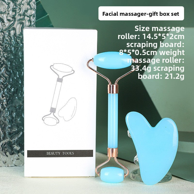 Blue Dual-Head Resin Facial Roller and Heart-Shaped Gua Sha Set for Home SPA Skincare and Face Neck Massage