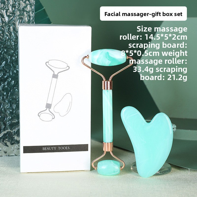 Double Green Dual-Head Resin Facial Roller and Heart-Shaped Gua Sha Set for Home SPA Skincare and Face Neck Massage