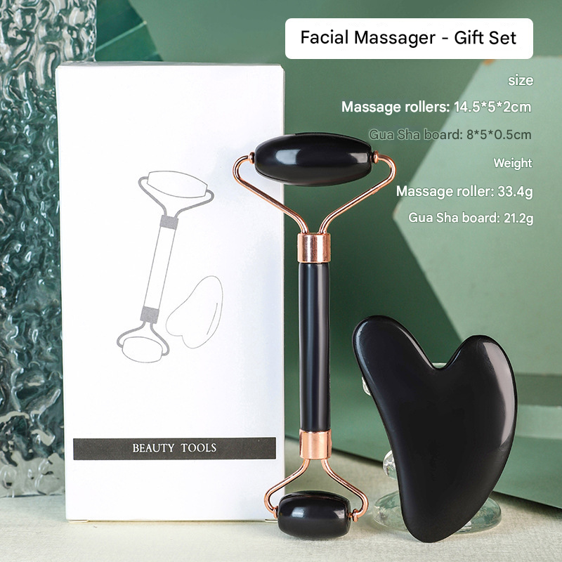 Black Dual-Head Resin Facial Roller and Heart-Shaped Gua Sha Set for Home SPA Skincare and Face Neck Massage