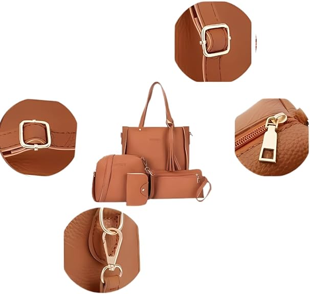 Grey 4-Piece Women Bag Set Lychee Grain PU Leather Large Capacity Tote Shoulder Bag Crossbody Clutch and Card Holder for Daily Travel and Work Use