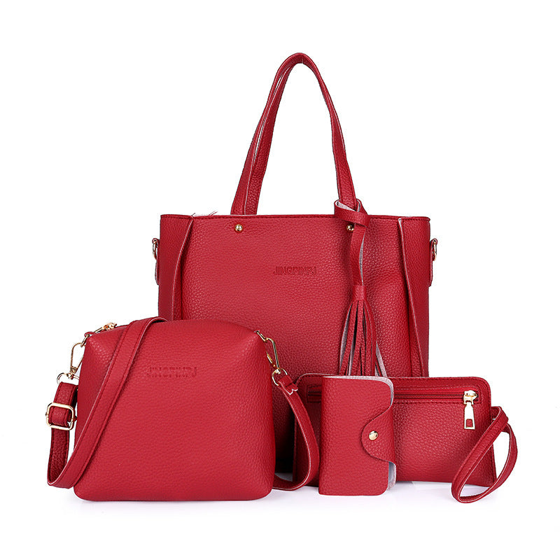 Red 4-Piece Women Bag Set Lychee Grain PU Leather Large Capacity Tote Shoulder Bag Crossbody Clutch and Card Holder for Daily Travel and Work Use