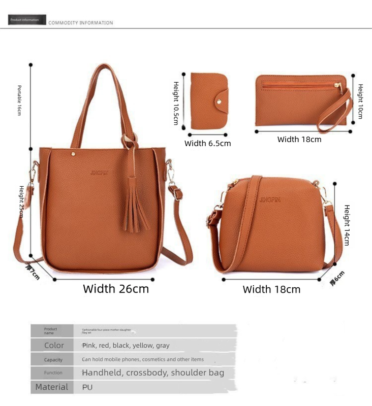 Red 4-Piece Women Bag Set Lychee Grain PU Leather Large Capacity Tote Shoulder Bag Crossbody Clutch and Card Holder for Daily Travel and Work Use