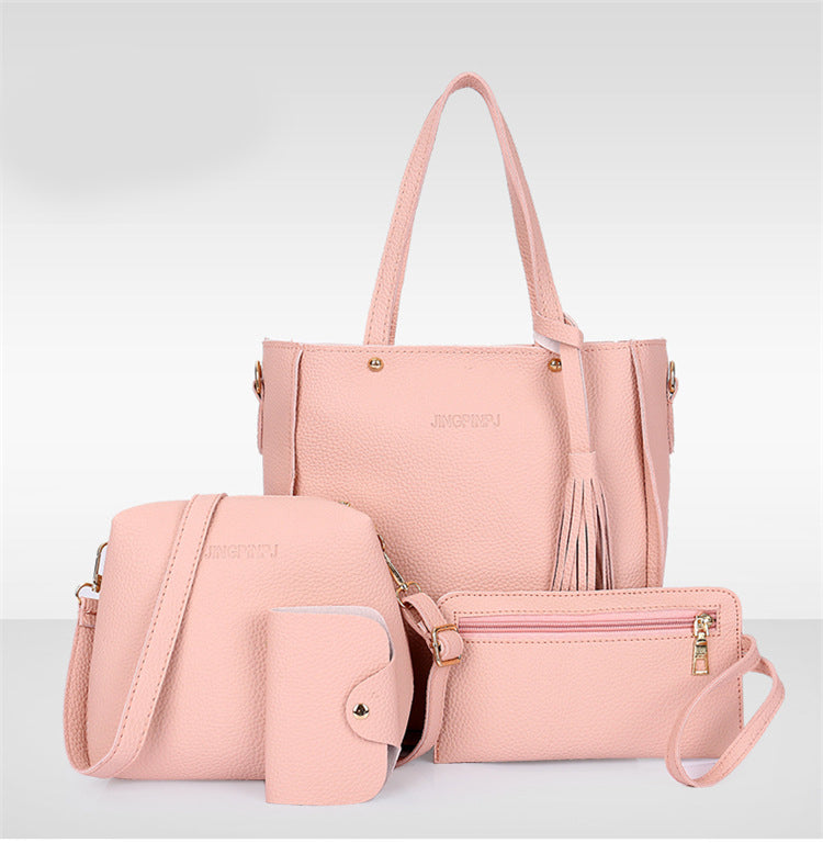Pink 4-Piece Women Bag Set Lychee Grain PU Leather Large Capacity Tote Shoulder Bag Crossbody Clutch and Card Holder for Daily Travel and Work Use