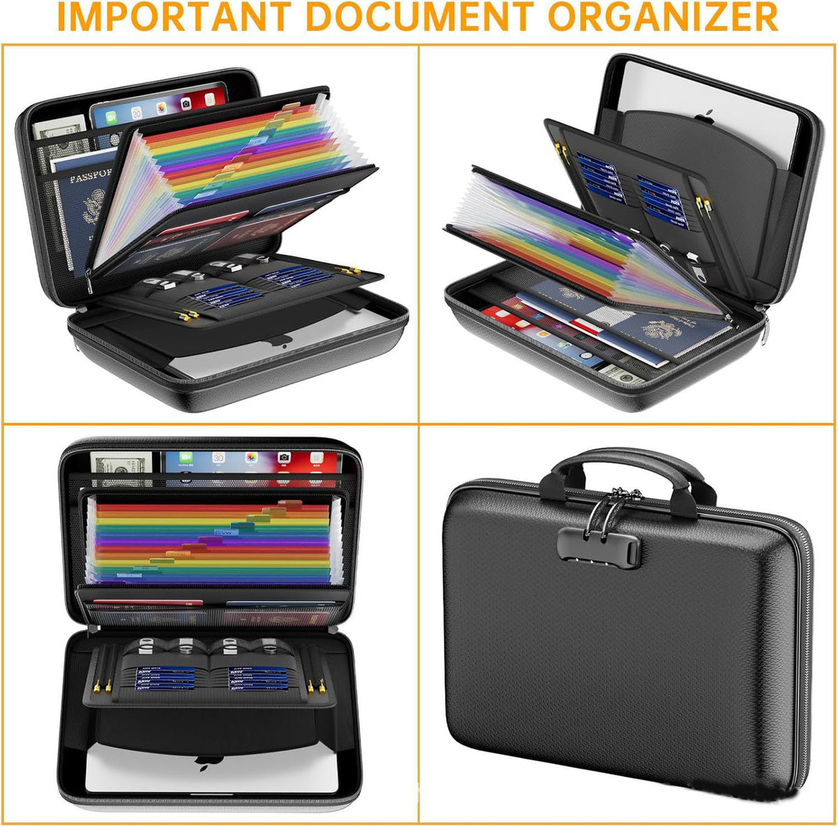 Black Fireproof EVA Hard-Shell File Organizer Briefcase with Combination Lock Waterproof Accordion Document Storage Bag for Australian Home Office and Business