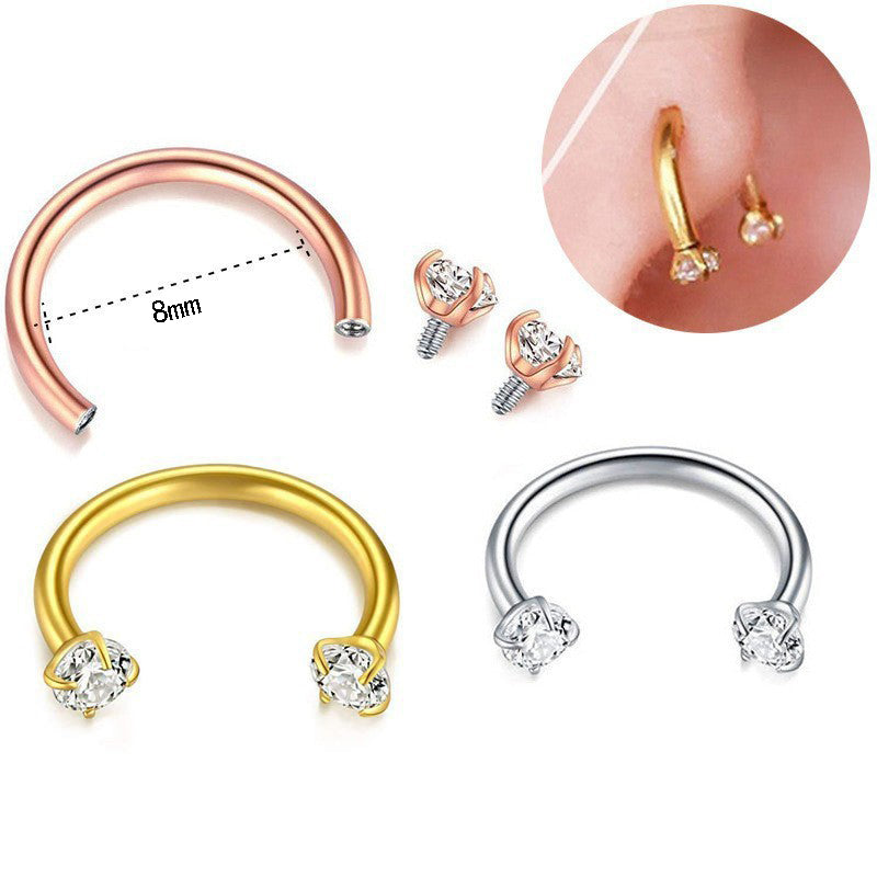 2-PCS Sea blue G23 Titanium Horseshoe Ring with 5A Zircon Internal Thread for Nose Ear Lip Septum Piercing Hypoallergenic Jewelry for Local Trendsetters