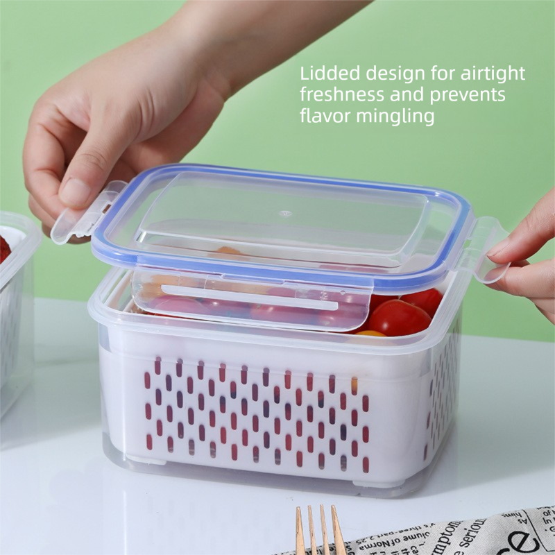 Grey 3-Piece Refrigerator Food Storage Container Set with Drain Basket and Airtight Lid 850ml 1750ml 3300ml Stackable Produce Saver for Local Homes