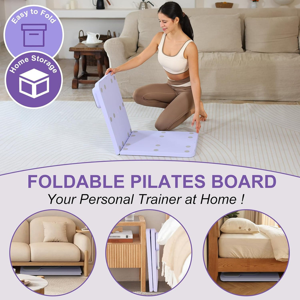 Purple Multi-functional Core Training Board with Digital Timer and Resistance Bands Foldable Fitness Panel for Home Abdominal and Pilates Workouts Solution