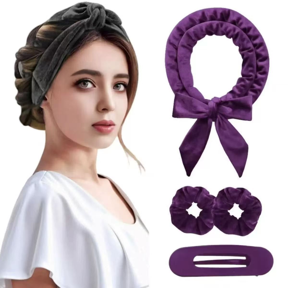 Purple Heatless Hair Curler Set with Bowtie Ribbon for Natural Big Waves Damage-Free Overnight Hair Styling Essential for Your Local Modern Lifestyle