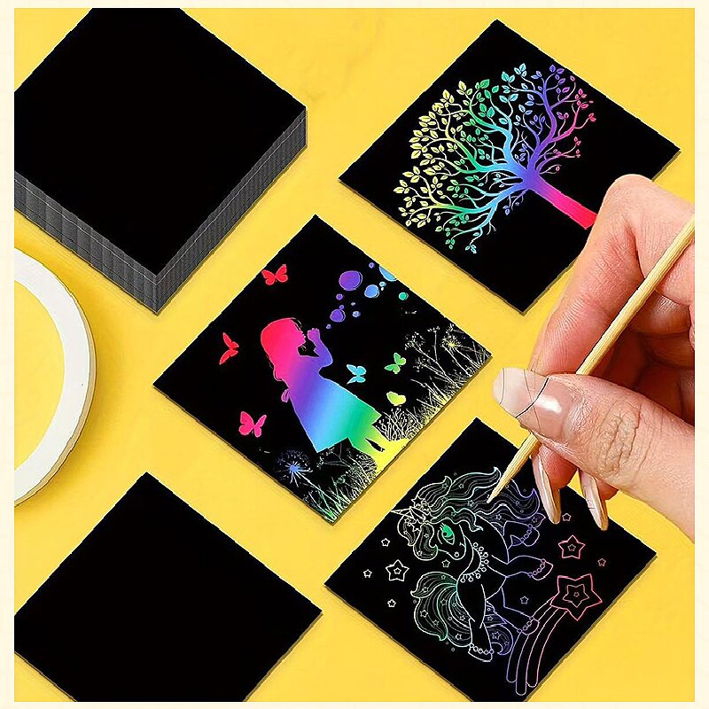 Red Rainbow Scratch Art Paper Notes 200 Sheets 2 Pack with Wooden Styluses for Kids DIY Drawing Mess-Free Creative Toy for Local Home and School Activities