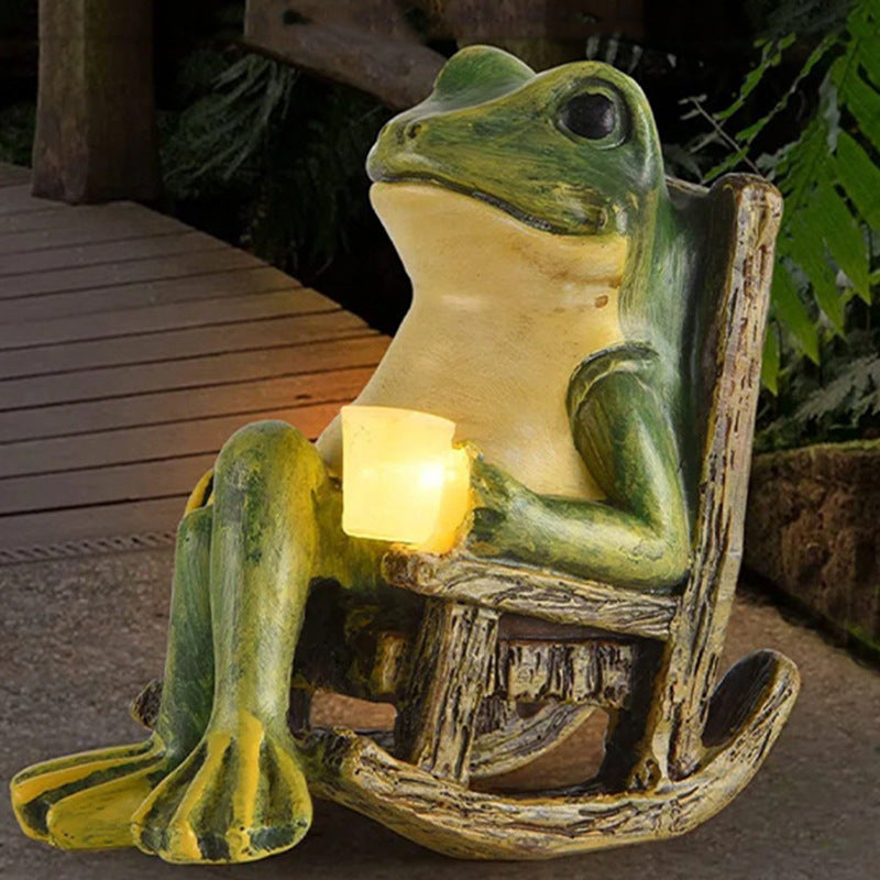 Solar Powered Rocking Chair Frog Garden Statue Resin Animal Sculpture with LED Glowing Cup for Patio Backyard Landscape Charming Decor for Local Homes
