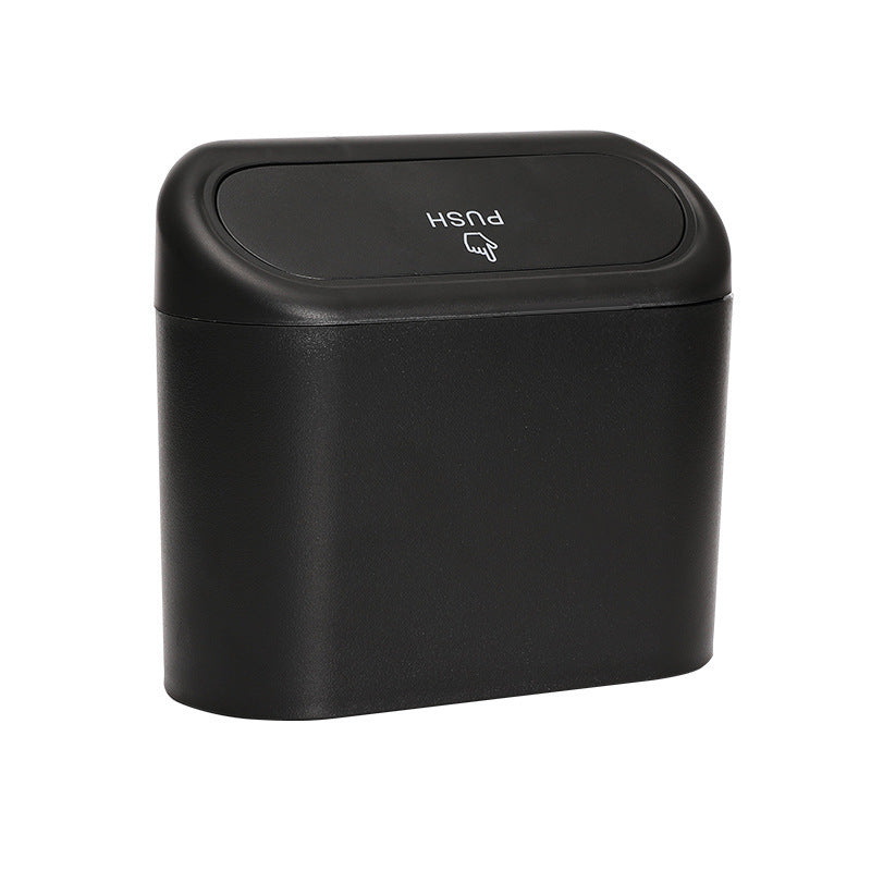 Black Compact Car Trash Can 2 Pack Hanging Storage Bin with Push Lid for Vehicle Door and Seat Back Universal Fit Waste Management Solution for Local Drivers