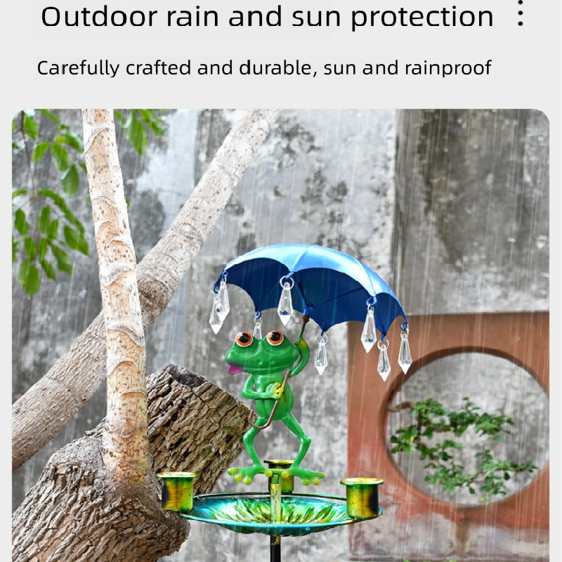 Decorative Metal Frog Bird Feeder Ground Stake with Umbrella and Feeding Tray for Local Gardens Weather-Resistant Outdoor Wildlife Support Solution