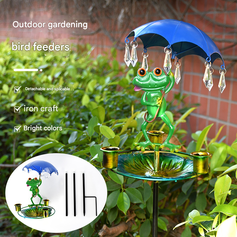 Decorative Metal Frog Bird Feeder Ground Stake with Umbrella and Feeding Tray for Local Gardens Weather-Resistant Outdoor Wildlife Support Solution