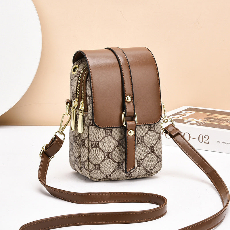 Brown rhombus Women's Mini Crossbody Phone Bag Compact PU Leather with Multiple Pockets and Headphone Port for Daily Travel Stylish Hands-Free Storage for Local Fashion