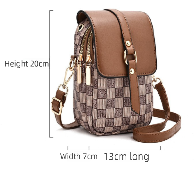 Brown rhombus Women's Mini Crossbody Phone Bag Compact PU Leather with Multiple Pockets and Headphone Port for Daily Travel Stylish Hands-Free Storage for Local Fashion